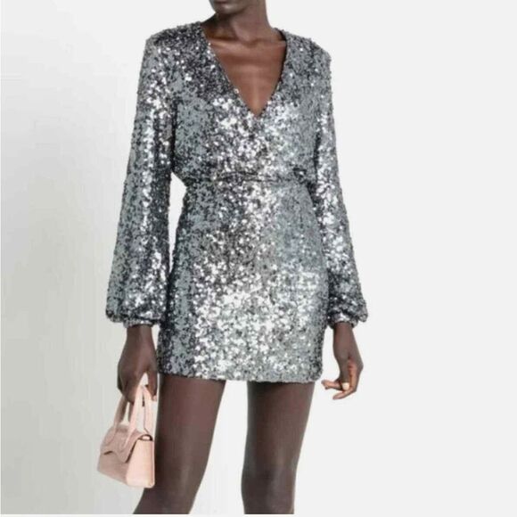 NWT O.P.T Anthropologie Silver Grey Sequin Deep V Neck Mini Party Dress Xsmall - Picture 5 of 7